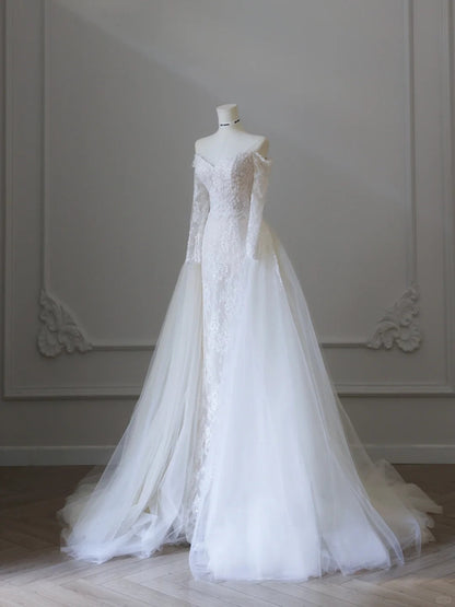 Unique White Elegant Lace Mermaid Wedding Dress P2519