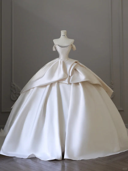 Elegant and simple satin off-shoulder white floor-length wedding dress P2521