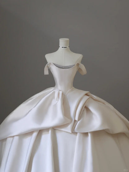 Elegant and simple satin off-shoulder white floor-length wedding dress P2521