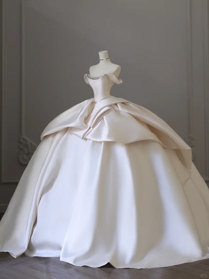 Elegant and simple satin off-shoulder white floor-length wedding dress P2521