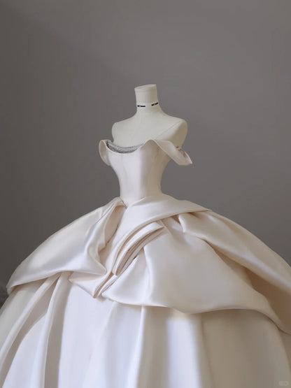 Elegant and simple satin off-shoulder white floor-length wedding dress P2521