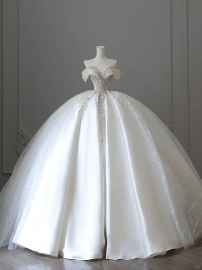 Elegant Sweetheart Neckline Off-the-shoulder Shiny Beaded Satin Floor-length Wedding Dress P2522