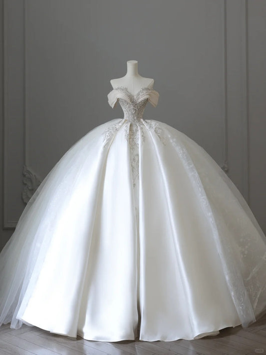 Elegant Sweetheart Neckline Off-the-shoulder Shiny Beaded Satin Floor-length Wedding Dress P2522