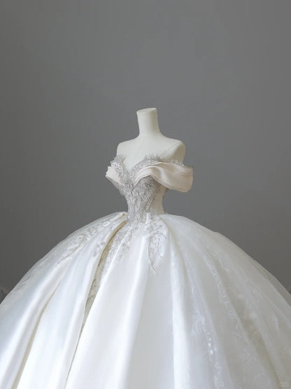 Elegant Sweetheart Neckline Off-the-shoulder Shiny Beaded Satin Floor-length Wedding Dress P2522
