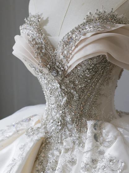 Elegant Sweetheart Neckline Off-the-shoulder Shiny Beaded Satin Floor-length Wedding Dress P2522