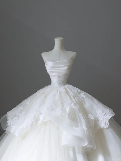 Elegant white off-shoulder lace tulle simple floor-length wedding dress P2523