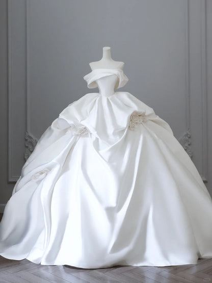 Elegant and simple white satin 3D rose floor-length wedding dress P2524
