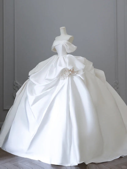 Elegant and simple white satin 3D rose floor-length wedding dress P2524