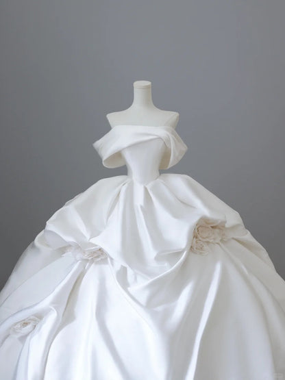Elegant and simple white satin 3D rose floor-length wedding dress P2524