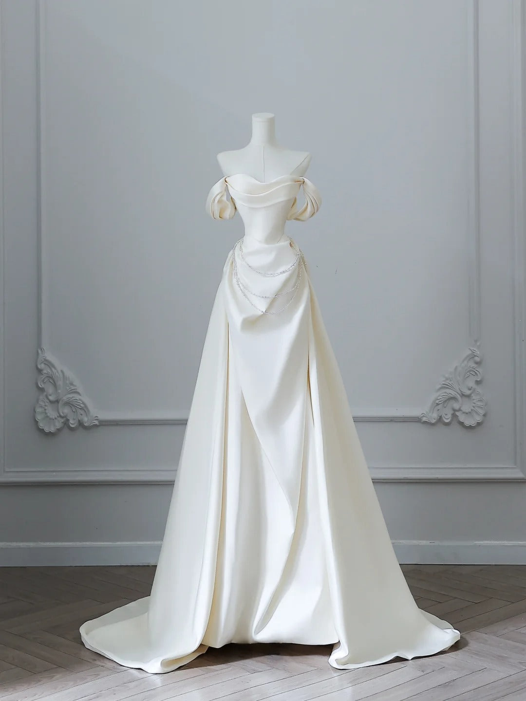 Elegant White Satin Off-the-shoulder Beaded Floor-length Wedding Dress P2528