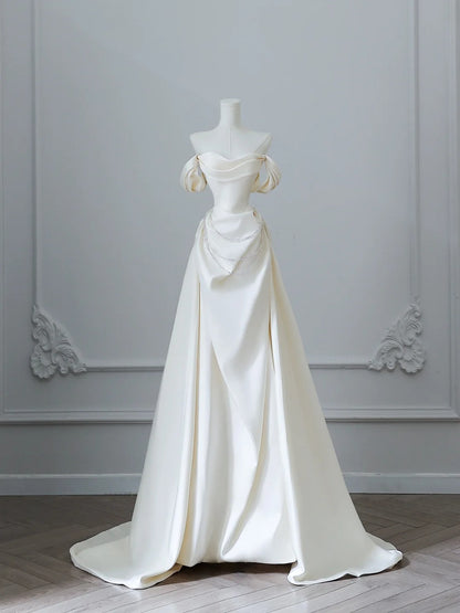 Elegant White Satin Off-the-shoulder Beaded Floor-length Wedding Dress P2528