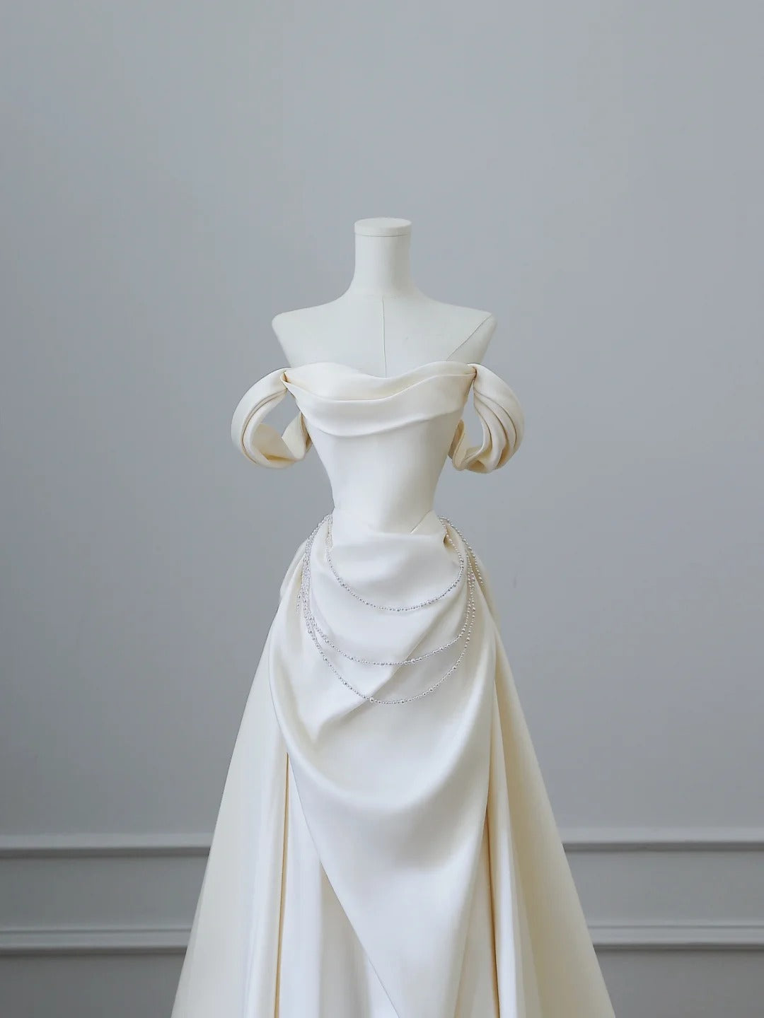Elegant White Satin Off-the-shoulder Beaded Floor-length Wedding Dress P2528