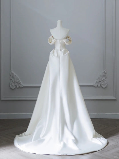 Elegant White Satin Off-the-shoulder Beaded Floor-length Wedding Dress P2528