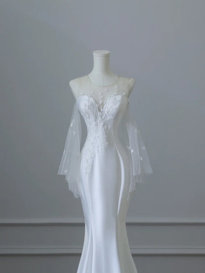 Elegant White Round Neck Lace Sleeveless Mermaid Satin Wedding Dress P2529