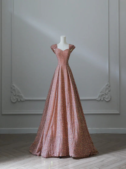 Elegant golden pink A-line wedding dress with sequins P2531