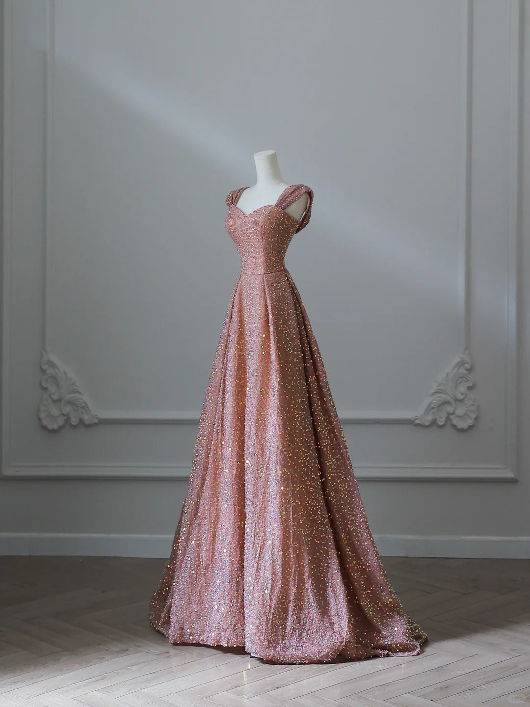 Elegant golden pink A-line wedding dress with sequins P2531