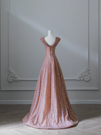 Elegant golden pink A-line wedding dress with sequins P2531