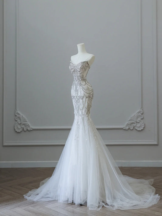 Elegant White Mermaid Off-the-Shoulder Bodycon Beaded Tulle Floor-Length Wedding Dress P2532