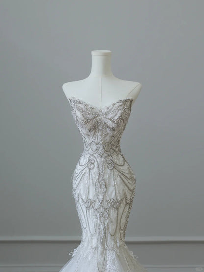 Elegant White Mermaid Off-the-Shoulder Bodycon Beaded Tulle Floor-Length Wedding Dress P2532