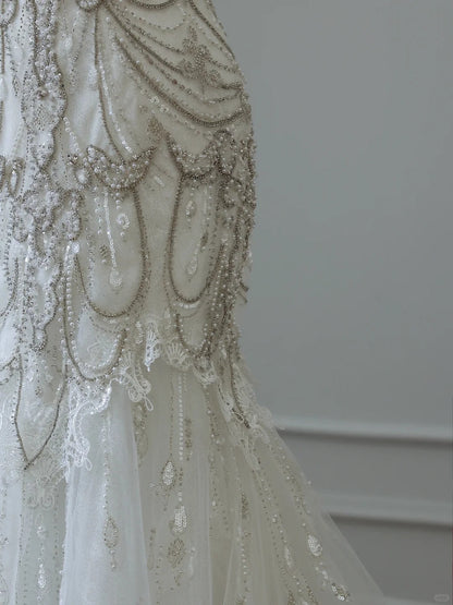 Elegant White Mermaid Off-the-Shoulder Bodycon Beaded Tulle Floor-Length Wedding Dress P2532