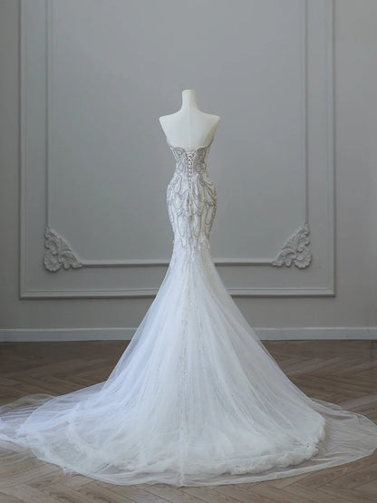 Elegant White Mermaid Off-the-Shoulder Bodycon Beaded Tulle Floor-Length Wedding Dress P2532