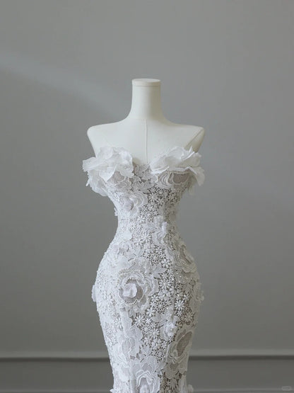 Vintage Lace White Mermaid Floral Wedding Dress P2533