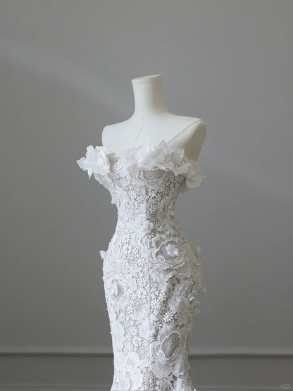 Vintage Lace White Mermaid Floral Wedding Dress P2533