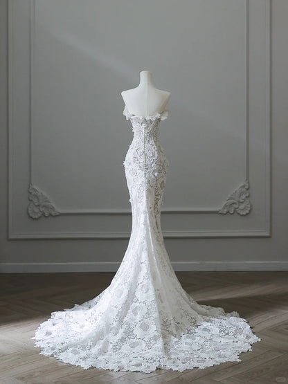 Vintage Lace White Mermaid Floral Wedding Dress P2533