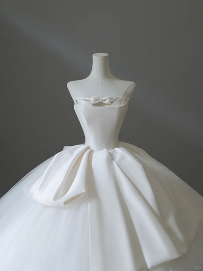 Girly Playful Bow A-line Tulle Satin Floor-length Wedding Dress P2534