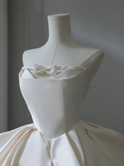 Girly Playful Bow A-line Tulle Satin Floor-length Wedding Dress P2534