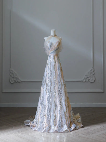 Unique and Elegant Colorblock Shiny Sequin Beaded Off-the-shoulder Floor-length Wedding Dress P2537