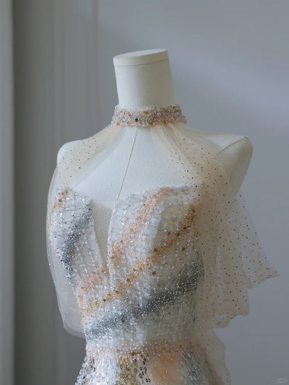 Unique and Elegant Colorblock Shiny Sequin Beaded Off-the-shoulder Floor-length Wedding Dress P2537