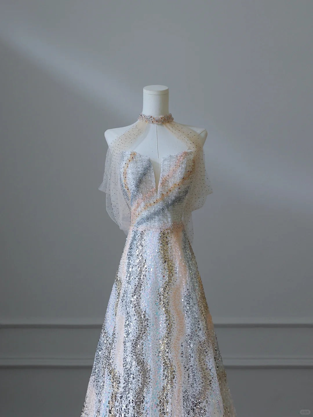 Unique and Elegant Colorblock Shiny Sequin Beaded Off-the-shoulder Floor-length Wedding Dress P2537