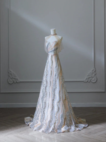 Unique and Elegant Colorblock Shiny Sequin Beaded Off-the-shoulder Floor-length Wedding Dress P2537