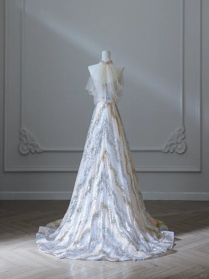 Unique and Elegant Colorblock Shiny Sequin Beaded Off-the-shoulder Floor-length Wedding Dress P2537