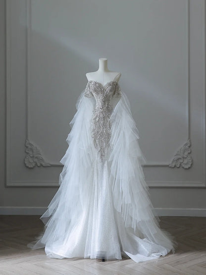 Chic Flowy White Glitter Mermaid Tulle Wedding Dress P2538