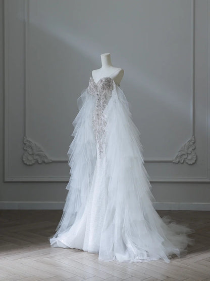 Chic Flowy White Glitter Mermaid Tulle Wedding Dress P2538