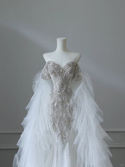 Chic Flowy White Glitter Mermaid Tulle Wedding Dress P2538