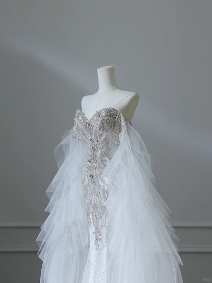 Chic Flowy White Glitter Mermaid Tulle Wedding Dress P2538