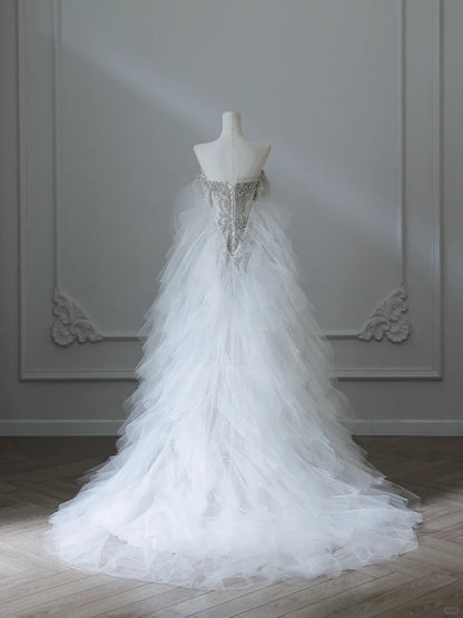 Chic Flowy White Glitter Mermaid Tulle Wedding Dress P2538