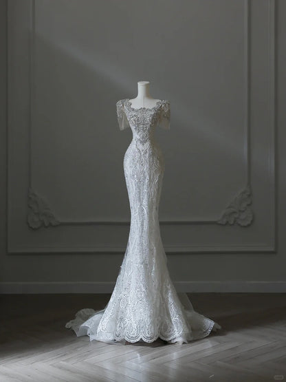 Illusion Square Neck Shiny Beaded Mermaid Lace Wedding Dress P2542