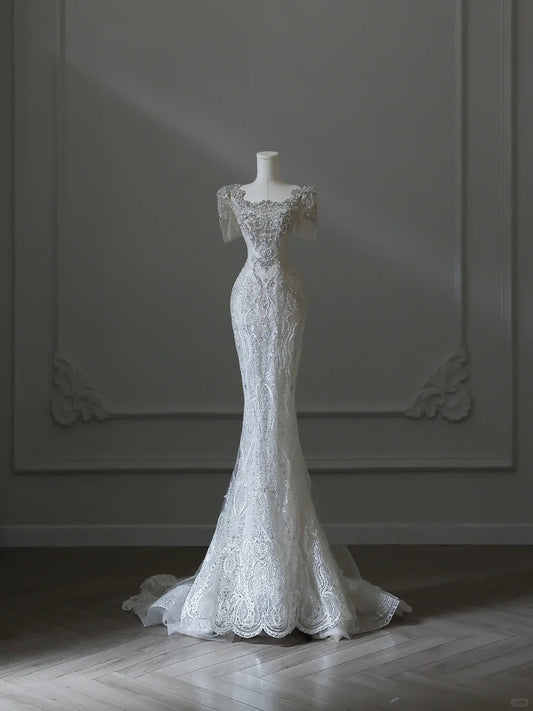 Illusion Square Neck Shiny Beaded Mermaid Lace Wedding Dress P2542