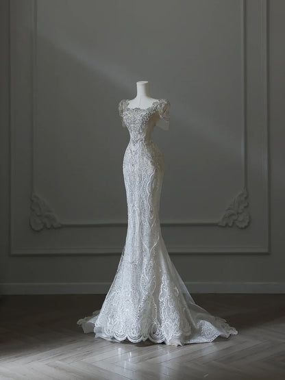 Illusion Square Neck Shiny Beaded Mermaid Lace Wedding Dress P2542
