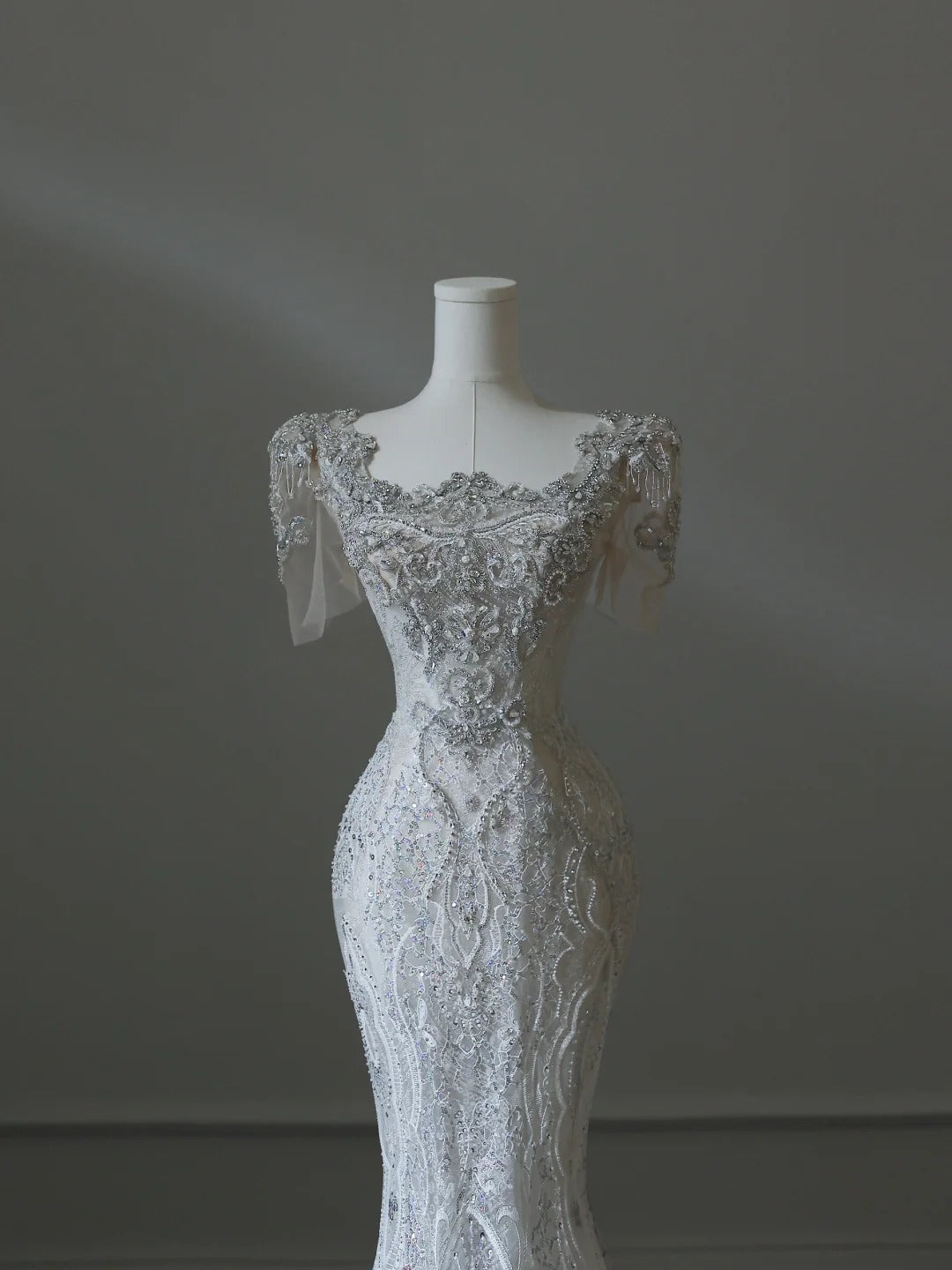 Illusion Square Neck Shiny Beaded Mermaid Lace Wedding Dress P2542