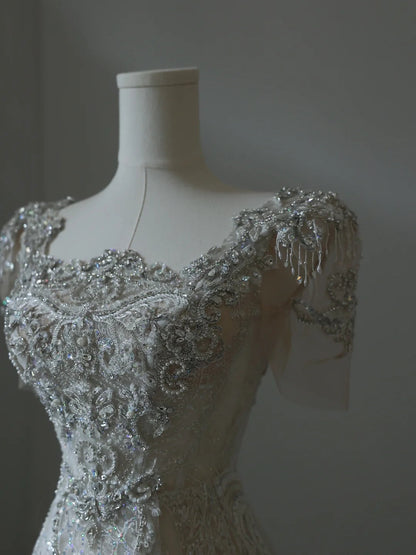 Illusion Square Neck Shiny Beaded Mermaid Lace Wedding Dress P2542