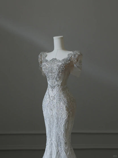 Illusion Square Neck Shiny Beaded Mermaid Lace Wedding Dress P2542