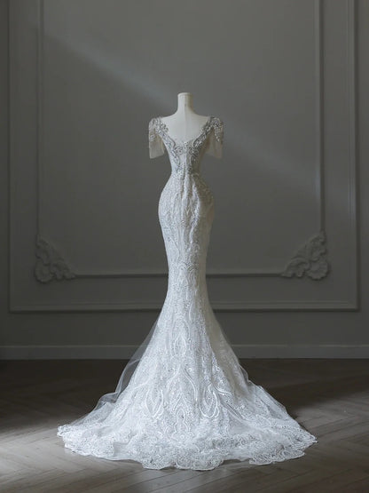 Illusion Square Neck Shiny Beaded Mermaid Lace Wedding Dress P2542