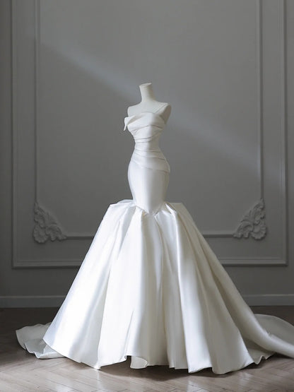 Elegant White Strapless Satin Mermaid Simple Wedding Dress P2543