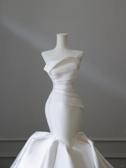 Elegant White Strapless Satin Mermaid Simple Wedding Dress P2543