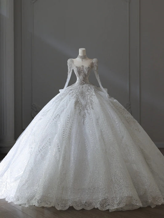 French Retro Shiny Rhinestone Round Neck Lace Long Sleeve Floor-Length Wedding Dress P2544